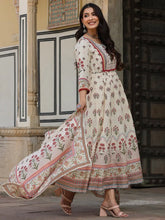 Women Beige Cotton Cambric Hand Block Look Printed Anarkali Kurta & Dupatta Set.