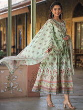 Women Lime Cotton Cambric Hand Block Look Printed Anarkali Kurta & Dupatta Set.