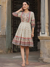 Women's Beige Cambric Printed Flared Dress
