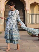 Women's Skyblue Cambric Printed With Embroidery Flared Dress