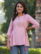 Women'S Pink Rayon Staple Solid With Embroidery Straight Tunic