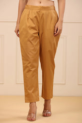 Women's Gold Cotton Twill Lycra Solid Straight Pant