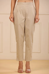 Women's Beige Cotton Spendex Solid Straight Pant