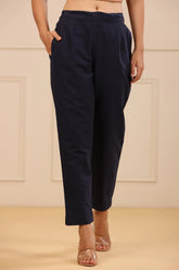 Women's Navy Cotton Twill Solid Straight Pant/Slim Pant