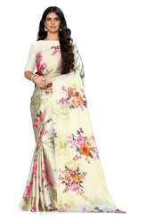 Women's Latest Floral Printed Satin Saree With Unstiched Blouse-7048-CREAM