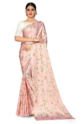 Women's Latest Floral Printed Satin Saree With Unstiched Blouse-7048-PEACH