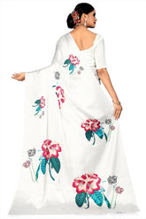 Women's Latest Floral Printed Satin Saree With Unstiched Blouse-8002-WHITE