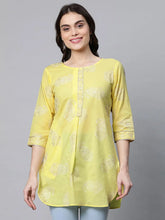 Yellow Pure Cotton Glitter Print Tunic-AHTUCORG-8074