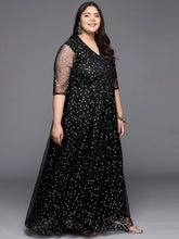 Black & Silver Plus Size Printed Maxi Ethnic Dress-AP-AHKUNTFPDS-829