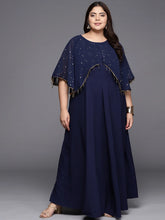 Navy Blue Plus Size Round neck Maxi Ethnic Dress-AP-AHKUCRFP-722