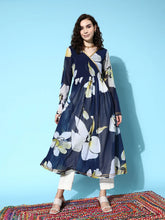 Navy Blue Floral Printed Gotta Patti Georgette Kurta-AHKUGRDP-1085-FF