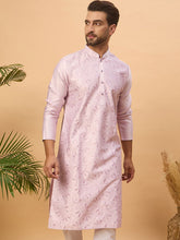 Ethnic Bay Men Lavender Silk Blend Solid Embroidered Straight Kurta With Pant Set-MKSET1447