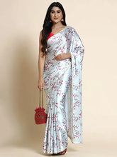 Women's Latest Bollywood Floral Printed Satin Saree With Unstiched Blouse-8081-SBLUE