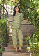 Green Floral Printed Kasturi Top & Palazzo With Buttons