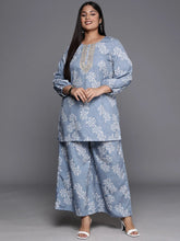 Blue & White Floral Print Plus Size Ethnic Tunic with Palazzos-AP-AHTUPZ-COMBO-646-EMB-OA