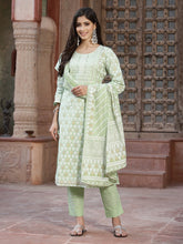 Juniper Women`s Pista Green Cotton Embroidered Straight Kurta Pant Dupatta Set