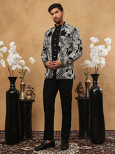 Men's Black & Silver Geometric Floral Indo-Western Set ( 50JIND 109 Off-White )