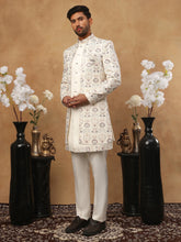 Men's Cream Multi-Color Floral Embroidered Indo Western Set ( 50JIND 111 Cream )