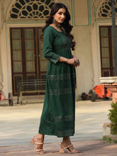 Women's Green Festive Embroiderd Flared Dress