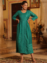 Women's Teal Festive Embroiderd Flared Dress