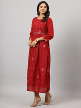 Women's Maroon Festive Printed Flared Dress