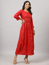 Women's Red Festive Printed Flared Dress
