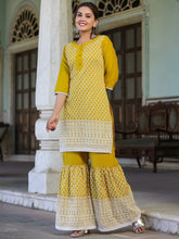 Womens Mustard Chinnon embroidered kurta garara set
