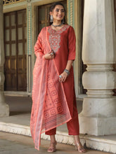 Women Rust Silk Solid Embroidered Kurta Set