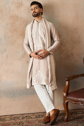 Beige Silk Blend Solid Embroidered Kurta Trouser With Dupatta MKPD1042