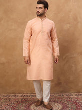 Ethnic Bay Men Peach Silk Blend Solid Embroidered Straight Kurta With Pant Set-MKSET1453