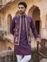 Silk Blend Floral Embroidered Kurta Set with Waistcoat ( 65KPWCS 5535Purple )