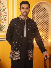 Japanese Fabric Embroidered Kurta with Waistcoat Set ( 65KPWCS MC 5619Black )