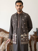 Japanese Fabric Embroidered Kurta & Waistcoat Set ( 65KPWCS MC 5620Brown )