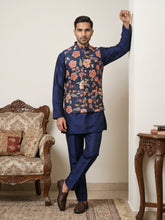 Men's Floral Printed Nehru Jacket with Kurta Pyjama Set ( 65KPWC 5586N 4160Navy )