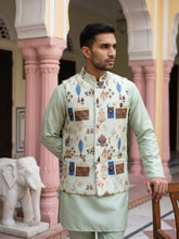 Men Cotton Blend Printed Nehru Jacket with Solid Kurta Set ( 65KPWC 5586Pi 4159Pista )