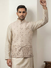 Men's Ethnic Printed Cotton Blend Nehru Jacket ( 65WC 4162Beige )