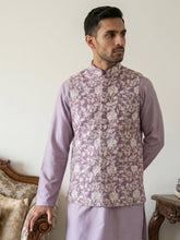 Men Floral Embroidered Cotton Blend Nehru Jacket ( 65WC 4165Purple )