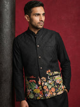 Men's Botanical Printed Silk Blend Nehru Jacket ( 65WC 4176Black )
