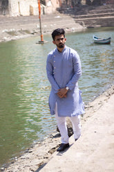 Men Steel Blue Self Design Kurta with Pajama ( JOKP 572 Steel-Blue )-JOKP-572