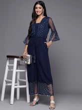 Navy Blue Polka Dots Printed Jumpsuit With Waist Tie-Ups-AHJSNTFP-52