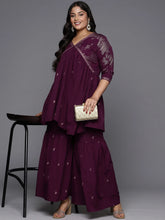 Burgundy & Gold Floral Printed Plus Size Sharara Set-AP-AHTUSH-COMBO-582