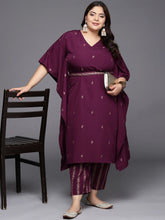 Burgundy & Gold Printed Plus Size Kaftan Kurta with Trousers-AP-AHKFPNBL-COMBO-344