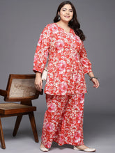 Red & White Printed Plus Size Pure Cotton Tunic with Palazzos-AP-AHTUPZ-COMBO-716