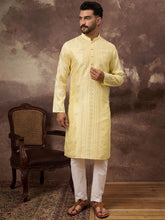 Ethnic Bay Men Yellow Silk Blend Solid Embroidered Straight Kurta With Pant Set-MKSET1364