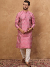 Ethnic Bay Men Pink Silk Blend Geometric Printed Straight Kurta With Pant Set-MKSET1532