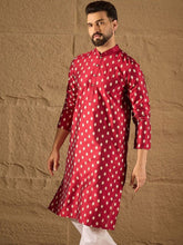 Ethnic Bay Men Maroon Silk Ikat Printed Straight Kurta With Pant Set-MKSET1281