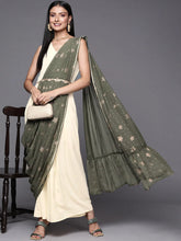 Off White & Olive Green Ethnic Maxi Dress with Attached Dupatta-AHDRCFFP-983-FF