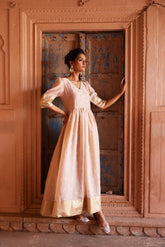 Beige Chanderi Gold Foil Print Dress-AHDRCHGP-996