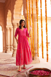 Pink Crepe Printed Maxi Dress-AHDRCHKP-953