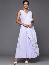 Blue & White Floral Print Ethnic Maxi Dress with Attached Dupatta-AHDRCRGRKHDP-982-FF